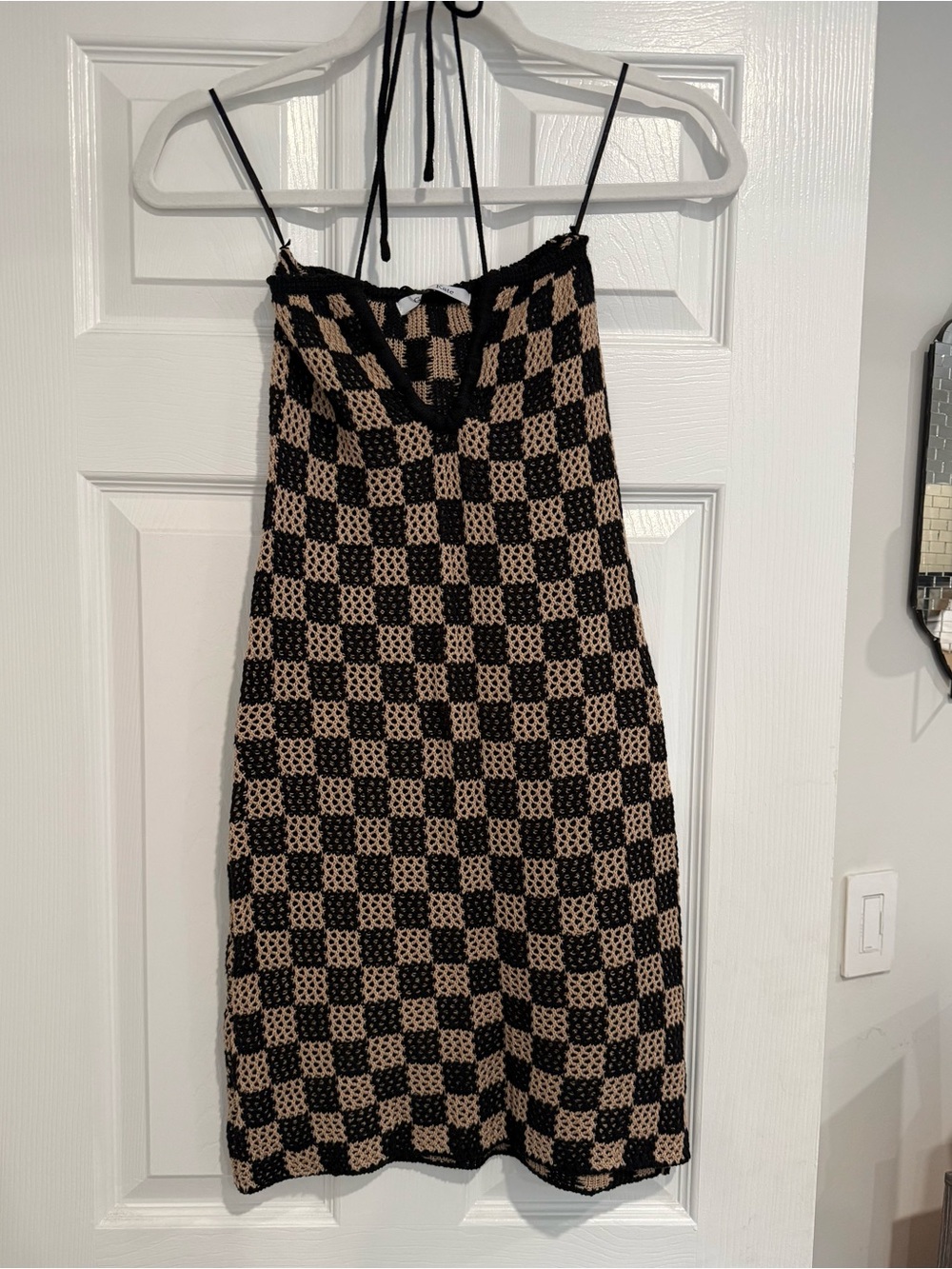 Black and Tan Checkerboard Crochet Mini Dress